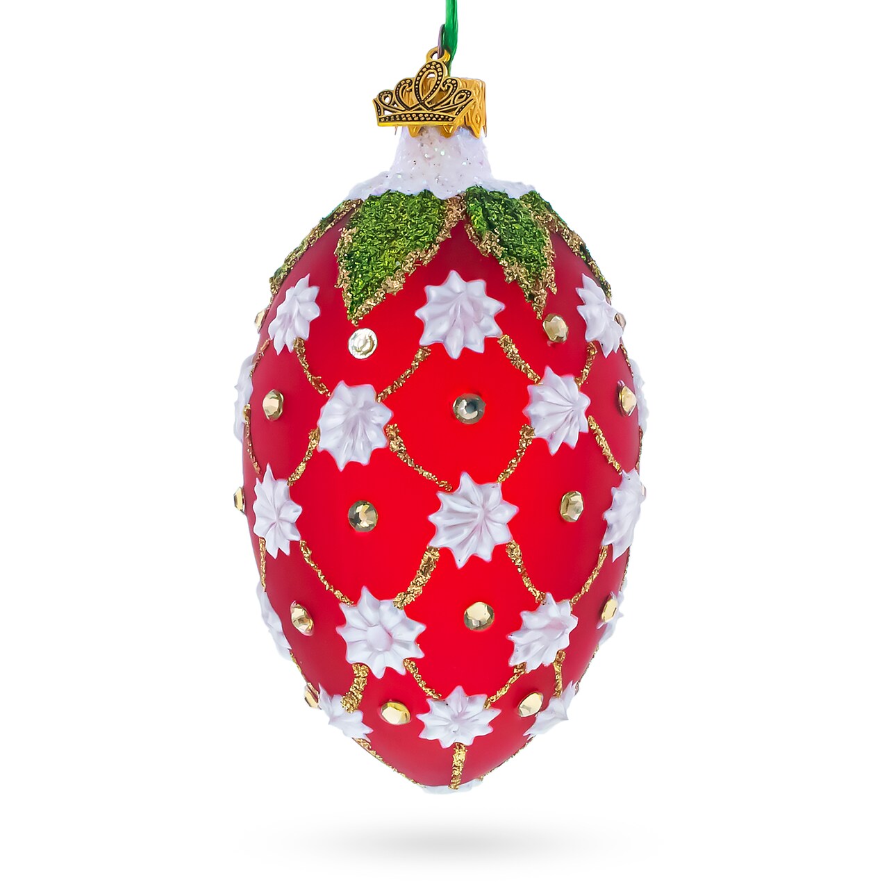 Red and Gold Lattice with White Flowers and Green Holly Glass Egg Ornament 4 Inches